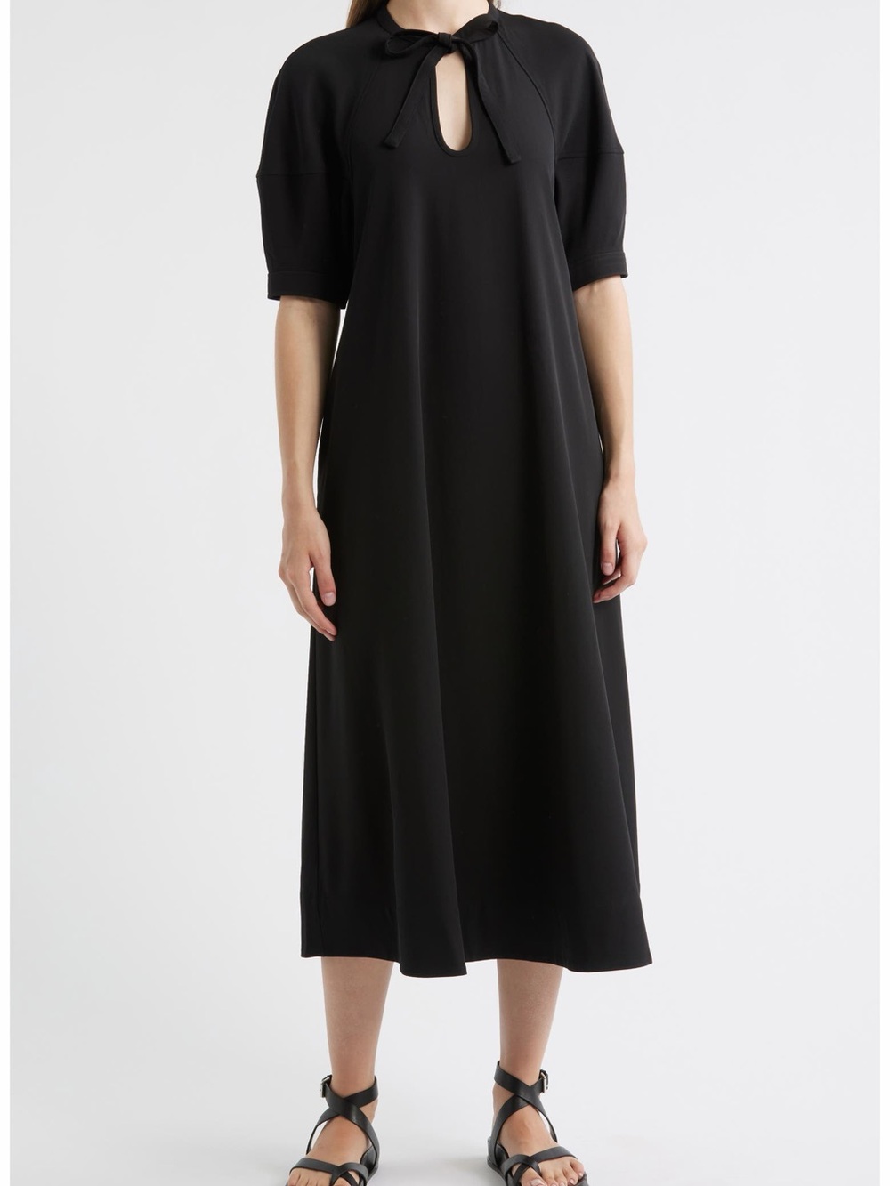 COS Dress Women's US 10 Black Tie Neck Midi A-Line Short Sleeve